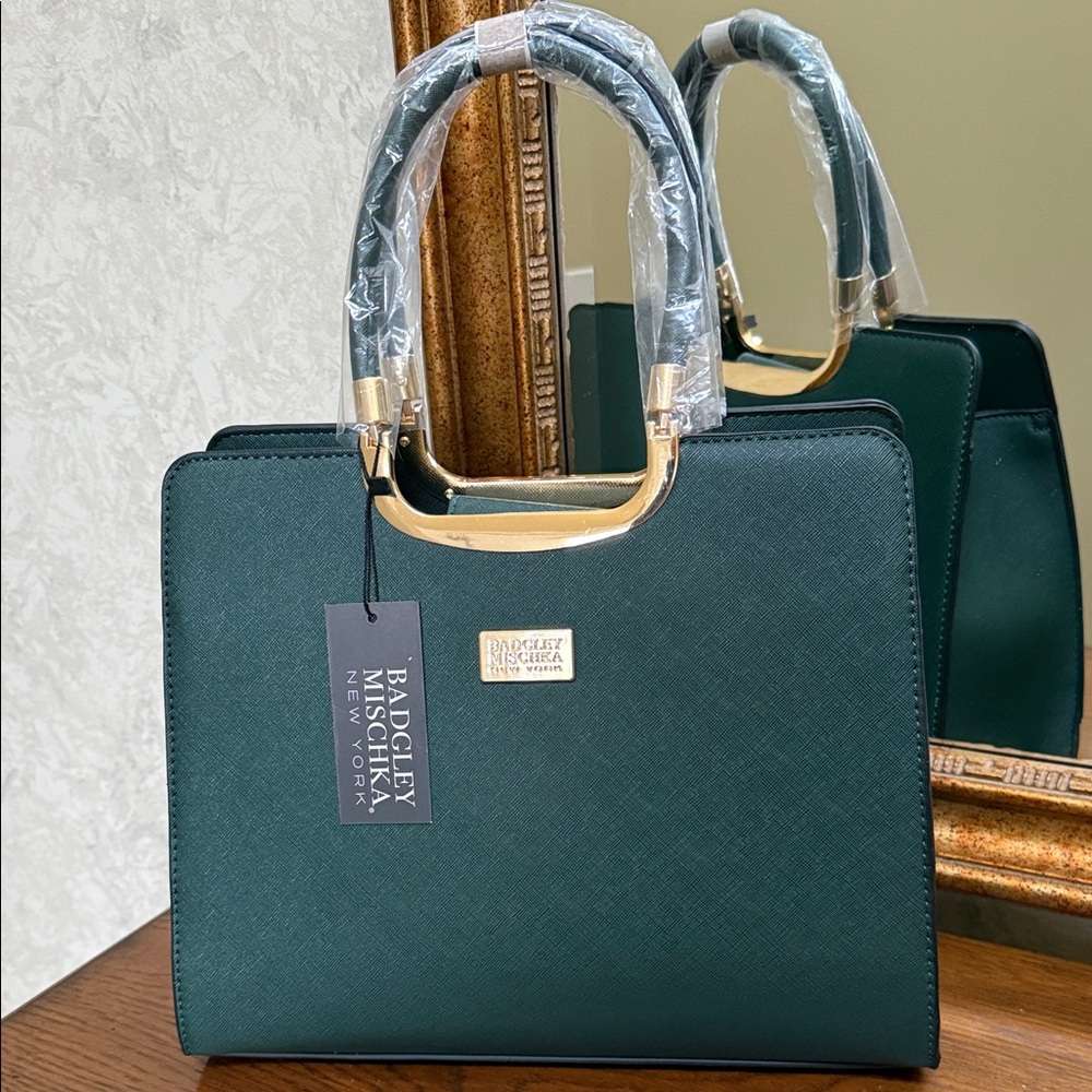 New Badgley Mischka Dark Green Satchel with gold accents.  Zip pocket inside.